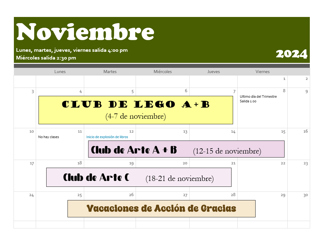 november club calendar spanish